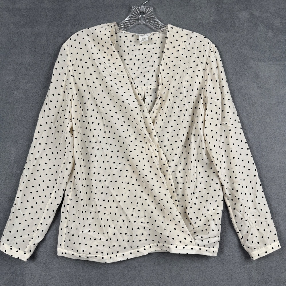 Club Monaco 100% Silk Polka Dot Wrap Blouse Cream Black XS 295519523 Long Sleeve